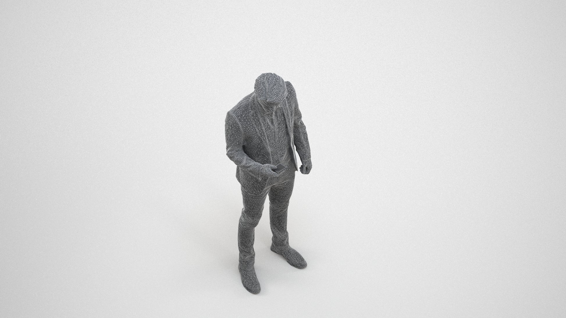 realistic 3D human man business, archviz people FBX OBJ for Blender, wireframe three-quarter view