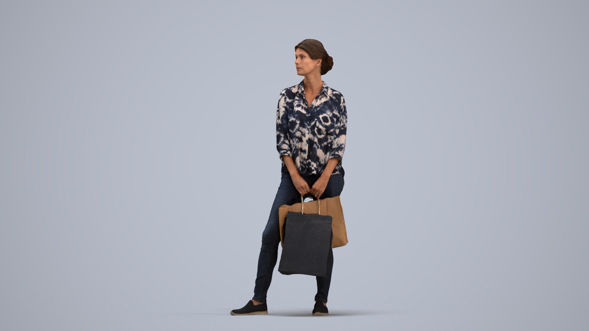 realistic 3D human woman casual shopping, archviz people FBX OBJ for Blender, standing pose render