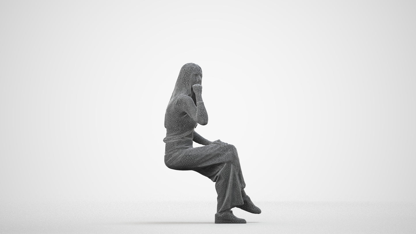 3D people model woman casual sitting, scanned human for 3ds Max rendering, wireframe side view