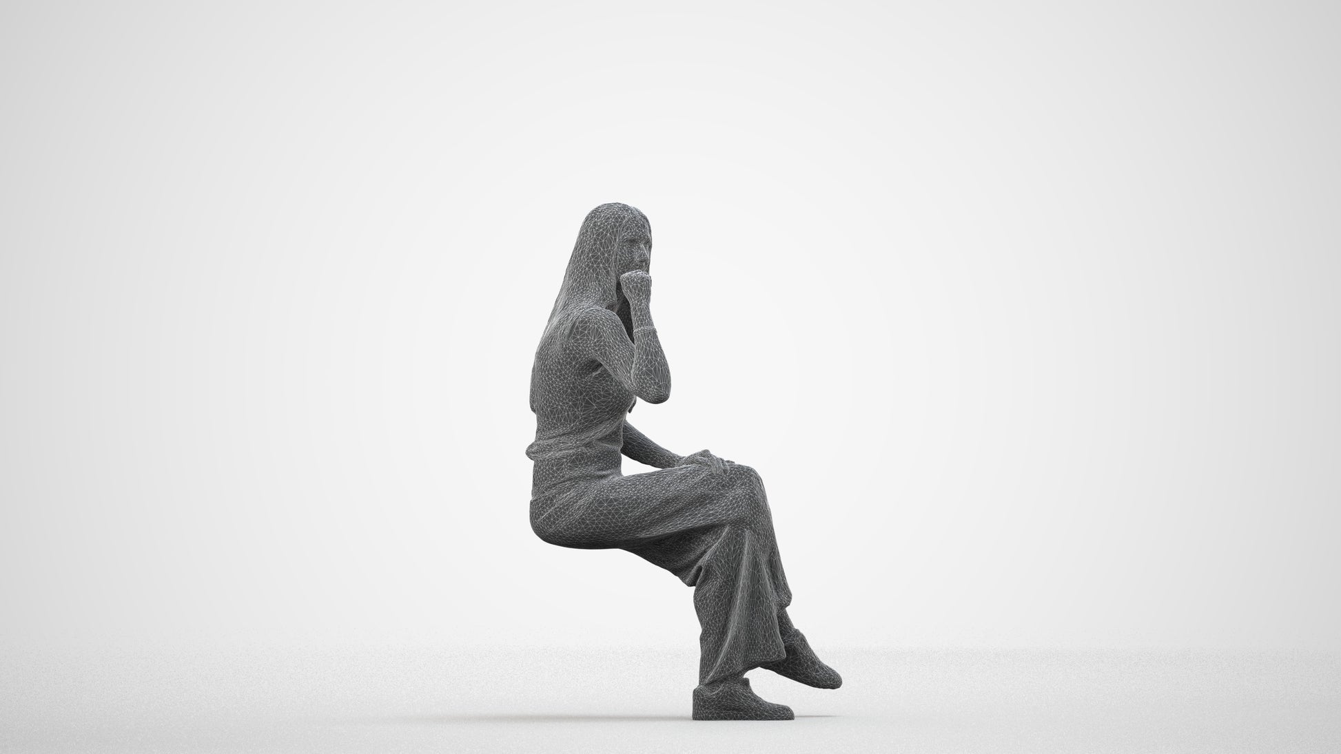 3D people model woman casual sitting, scanned human for 3ds Max rendering, wireframe side view