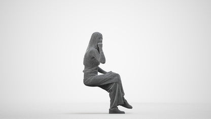 3D people model woman casual sitting, scanned human for 3ds Max rendering, wireframe side view