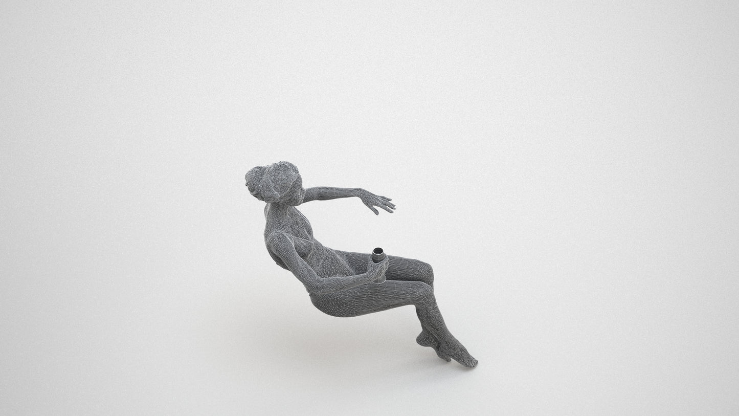 3D human model woman pool, photogrammetry scanned person for archviz, wireframe three-quarter view