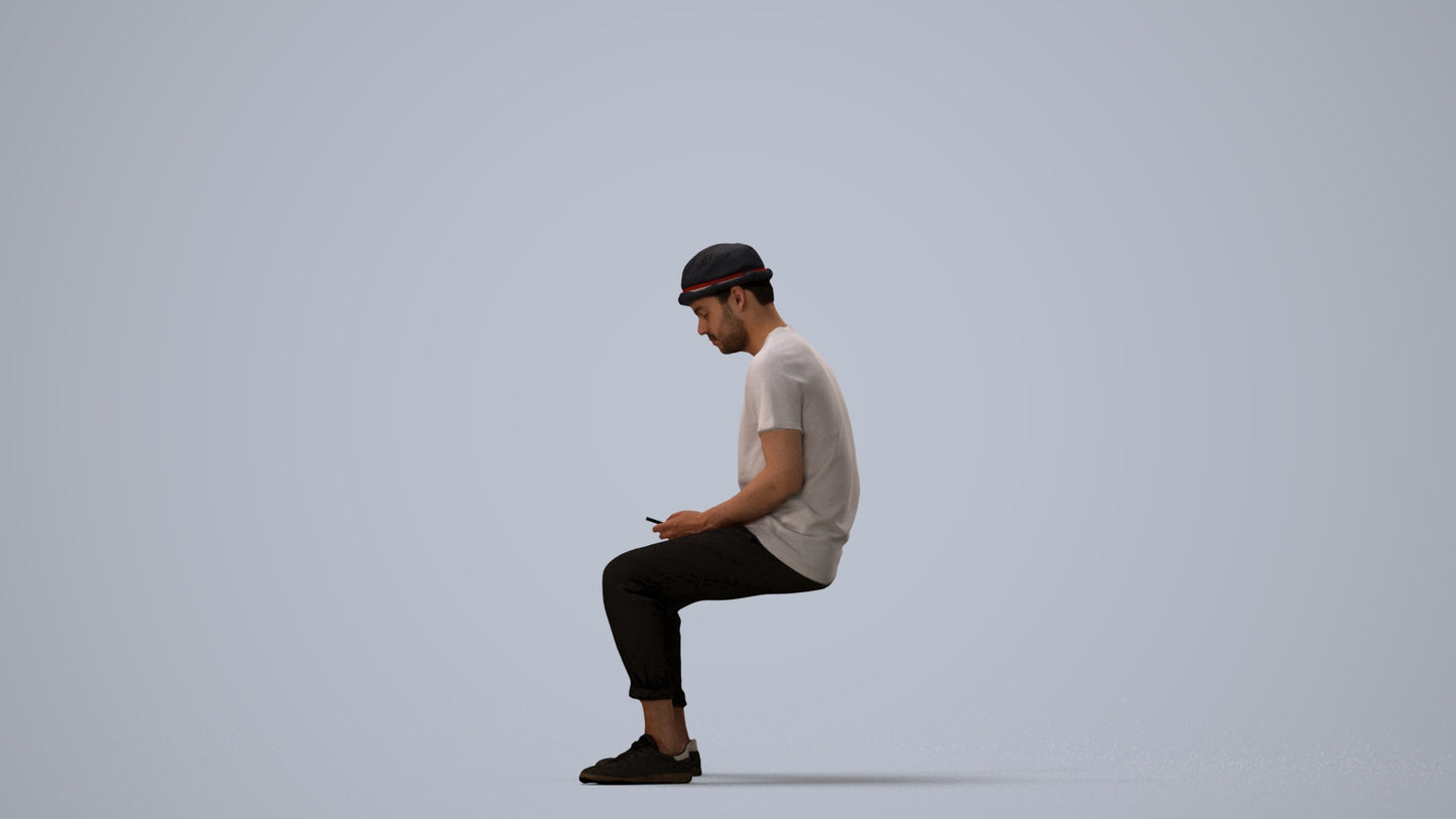 realistic 3D people man casual sitting, render-ready for V-Ray and Corona, FBX OBJ, three-quarter view render
