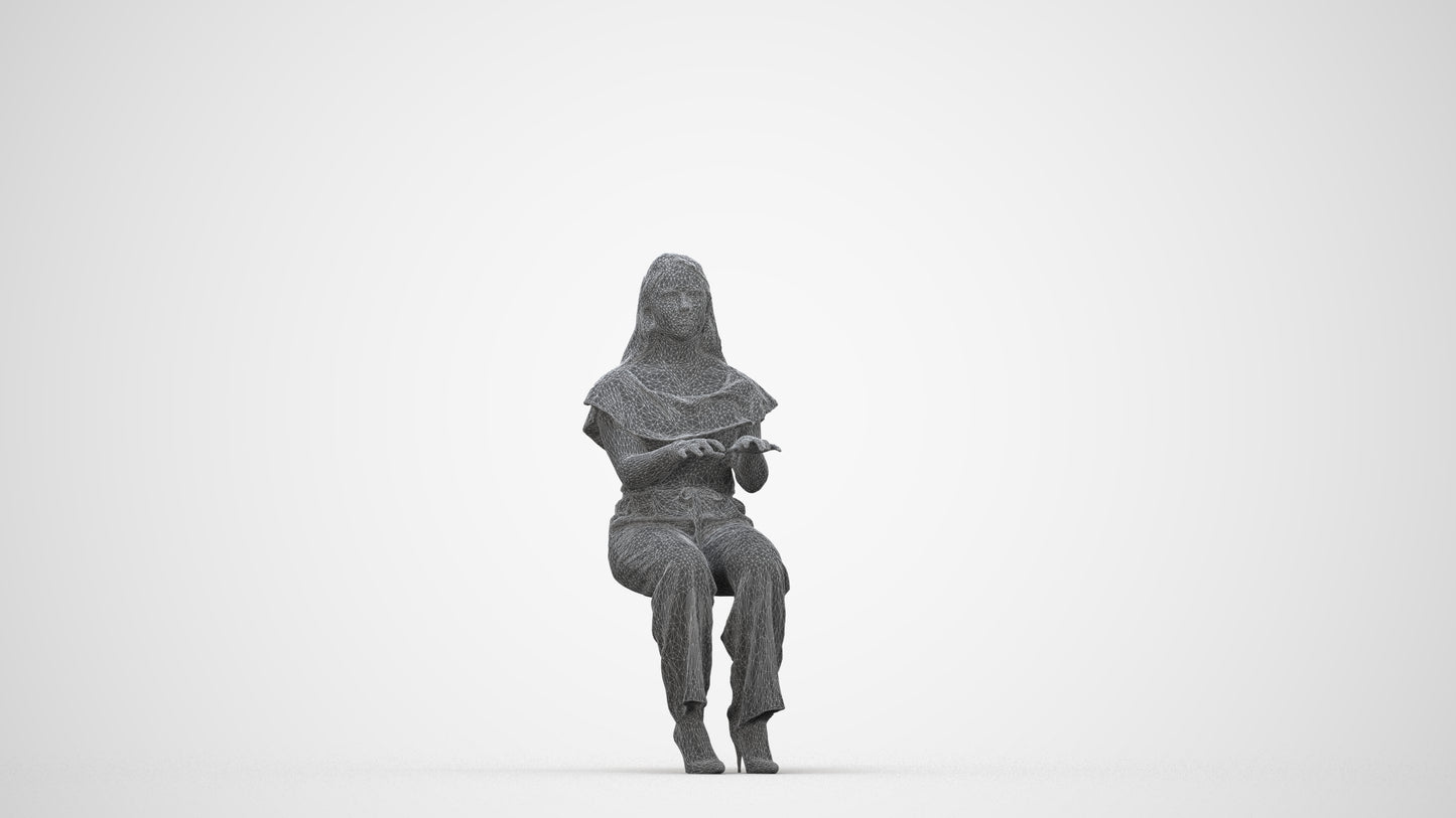 3D human model woman casual business, photogrammetry scanned person for archviz, wireframe back view