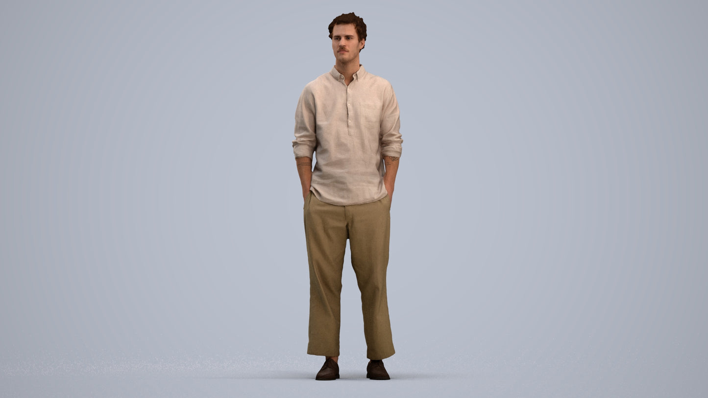 3D human model man casual standing, photogrammetry scanned person for archviz, standing pose render
