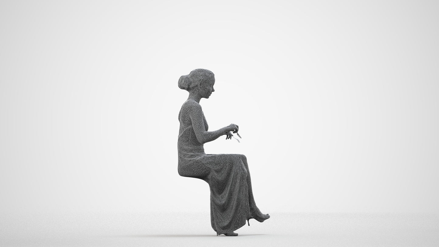 3D human model woman formal formalaffairs, photogrammetry scanned person for archviz, wireframe side view