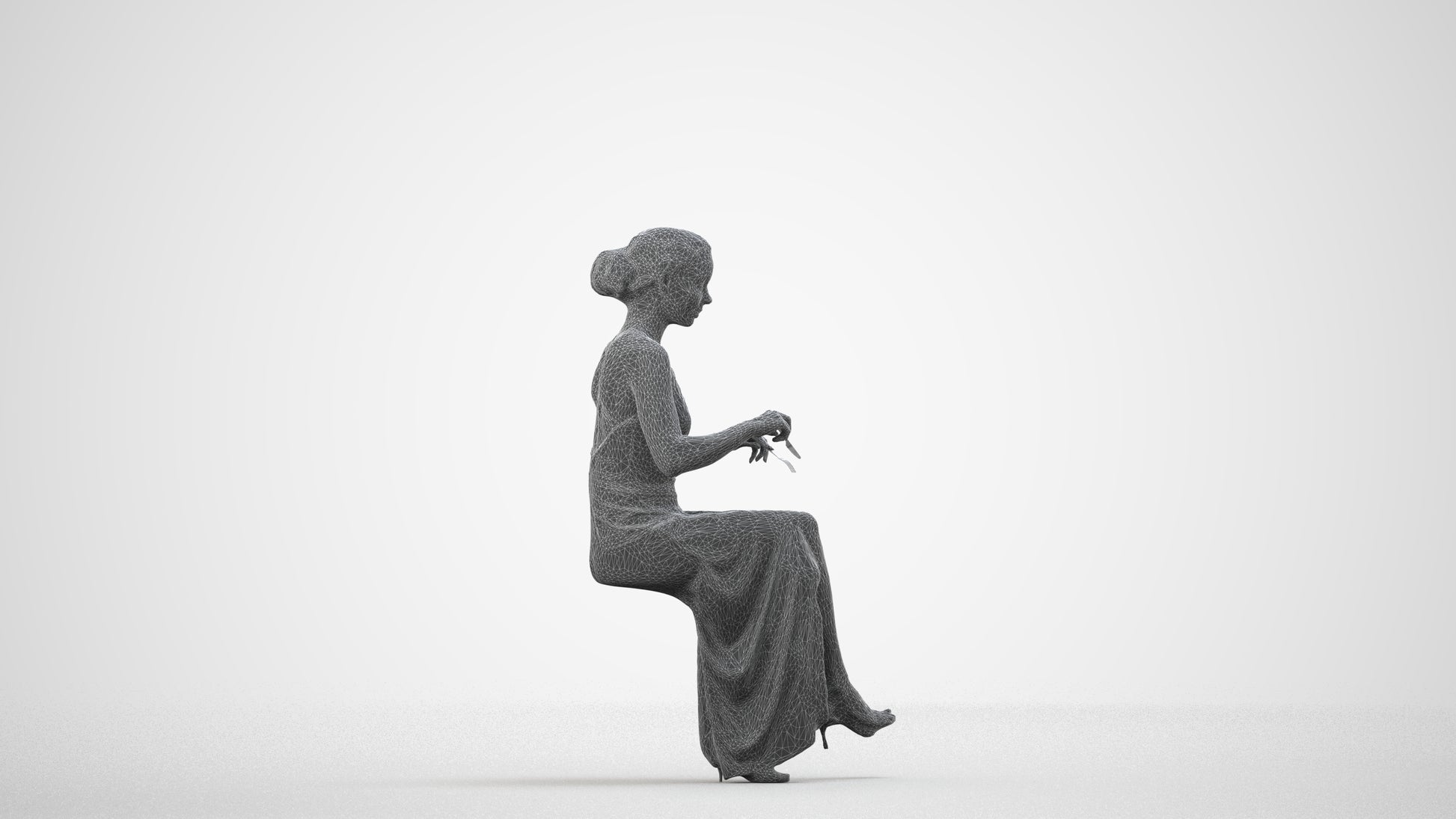 3D human model woman formal formalaffairs, photogrammetry scanned person for archviz, wireframe side view
