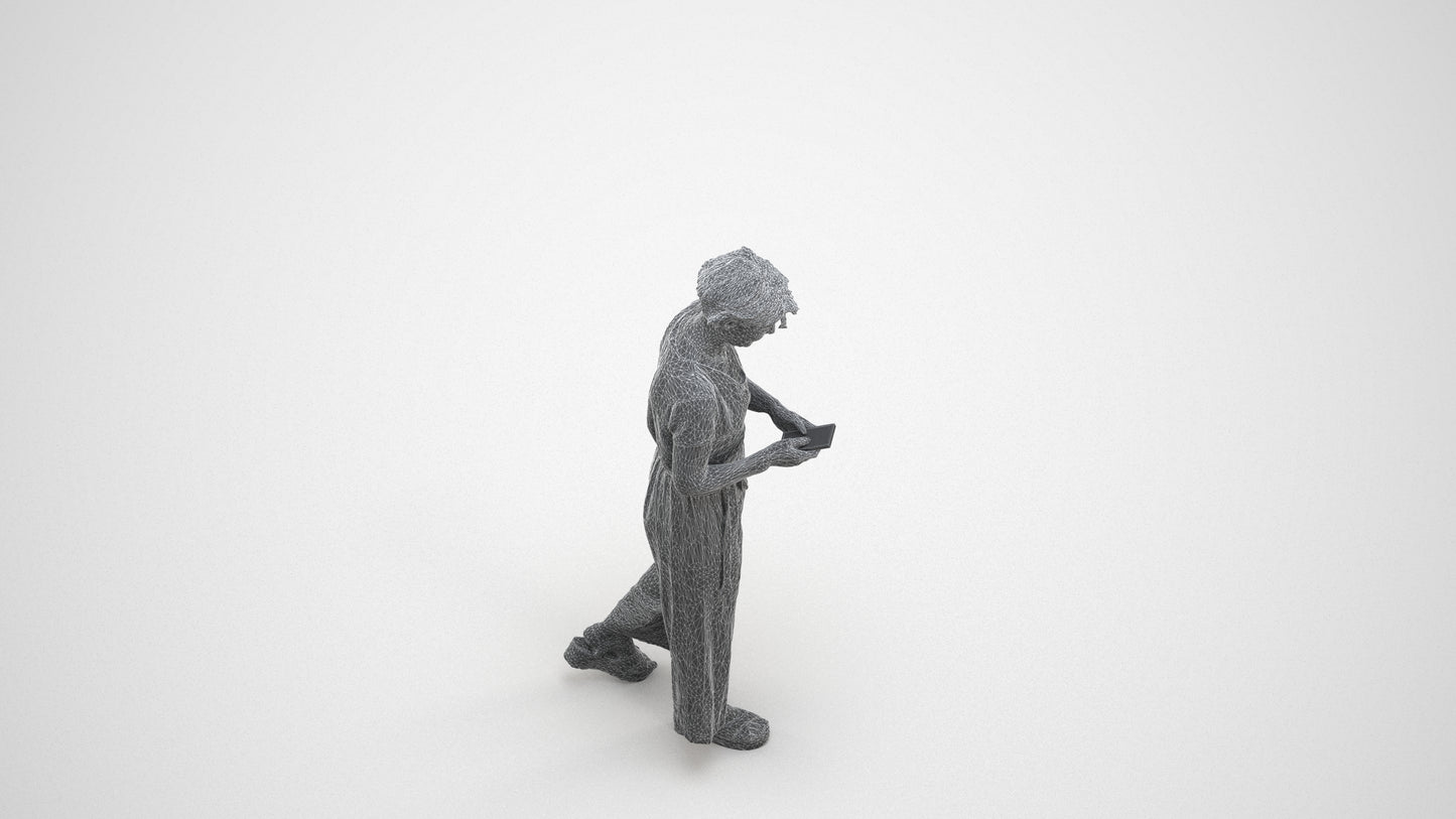 scanned 3D senior woman casual walking, photogrammetry people for Enscape and V-Ray, wireframe three-quarter view