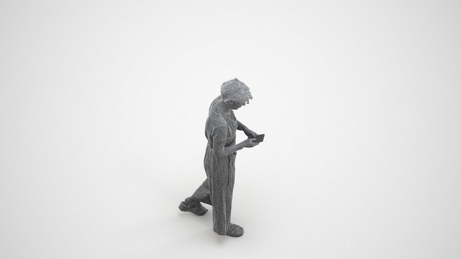 scanned 3D senior woman casual walking, photogrammetry people for Enscape and V-Ray, wireframe three-quarter view