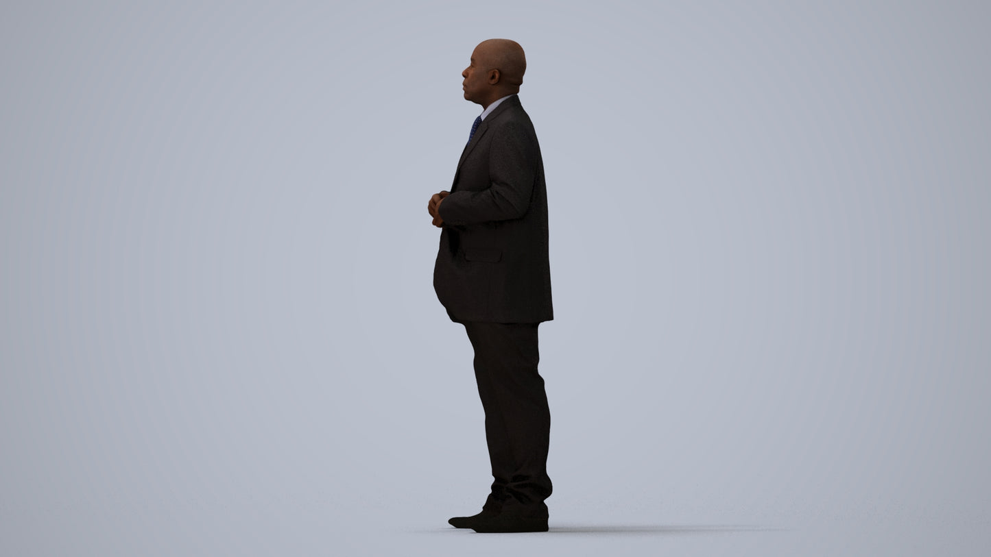 3D human model man business, photogrammetry scanned person for archviz, three-quarter view render