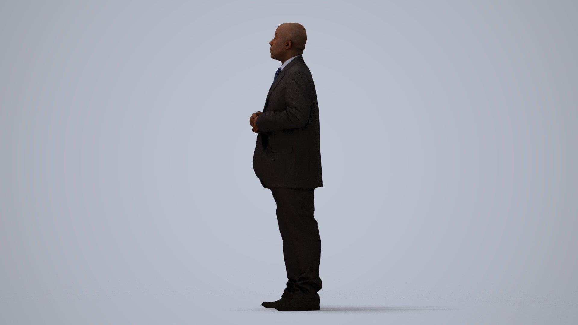 3D human model man business, photogrammetry scanned person for archviz, three-quarter view render