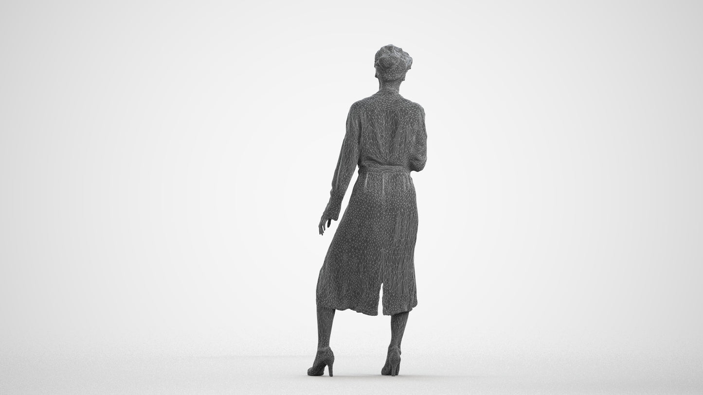 3D human model woman casual standing, photogrammetry scanned person for archviz, wireframe front view