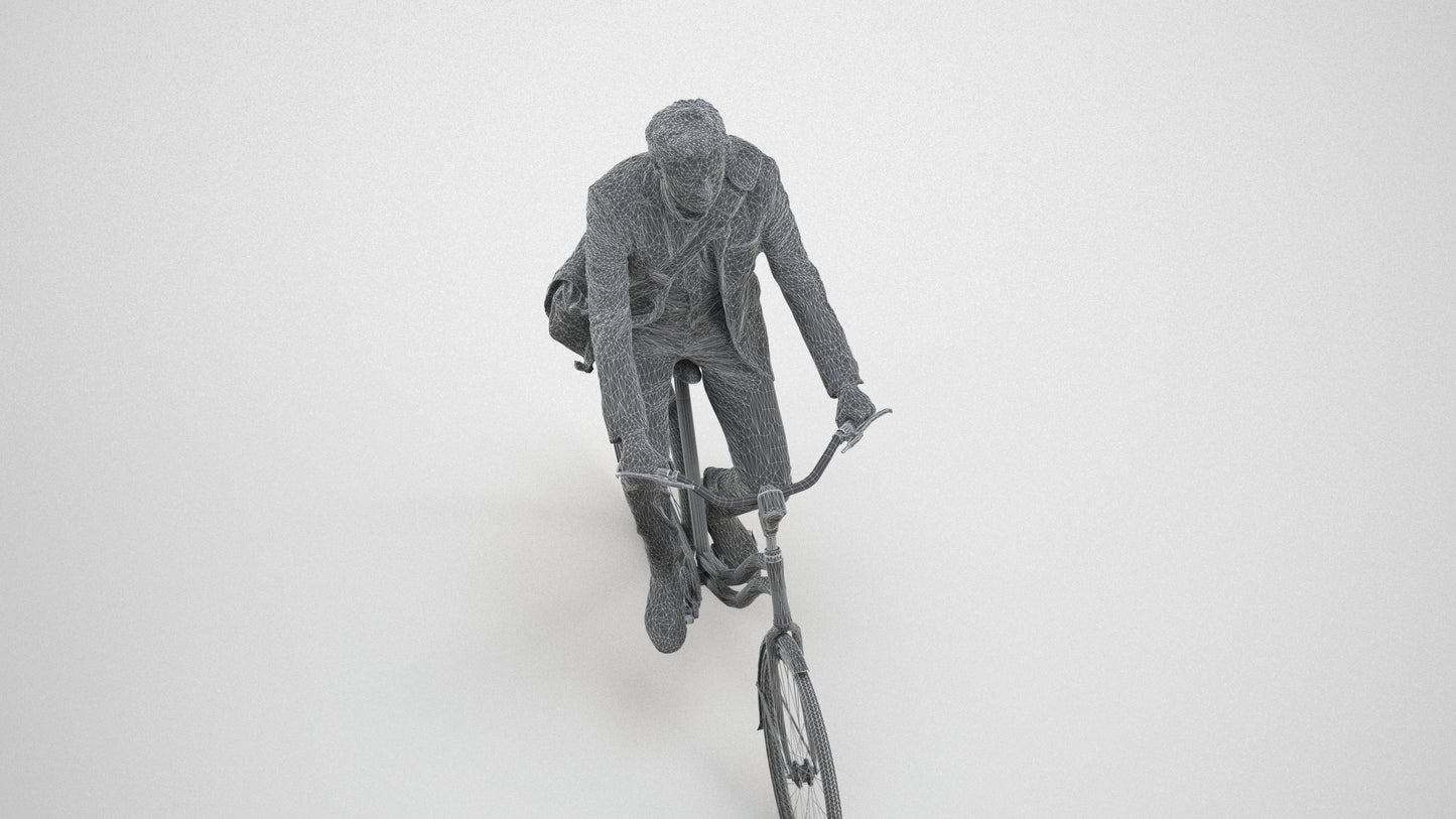 3D human model man business cycling, photogrammetry scanned person for archviz, wireframe three-quarter view