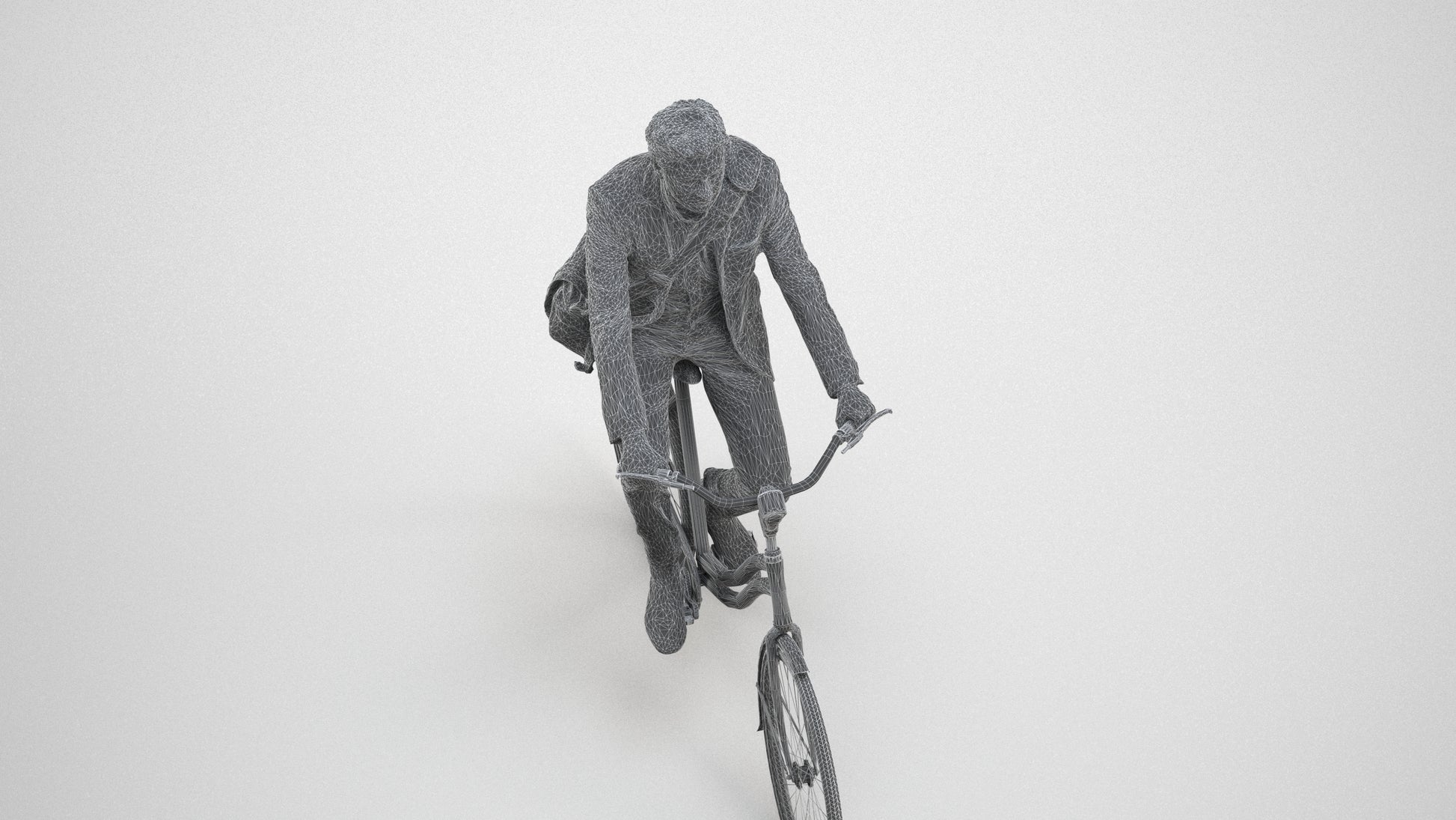 3D human model man business cycling, photogrammetry scanned person for archviz, wireframe three-quarter view
