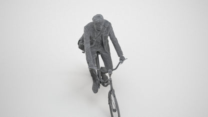 3D human model man business cycling, photogrammetry scanned person for archviz, wireframe three-quarter view