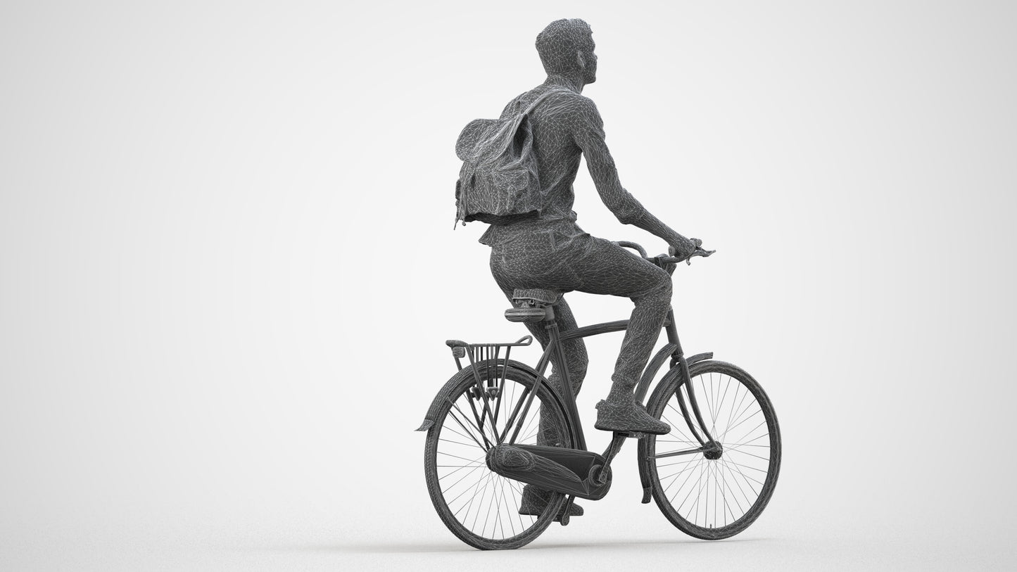 photogrammetry 3D man casual cycling, realistic human model archviz FBX, wireframe side view