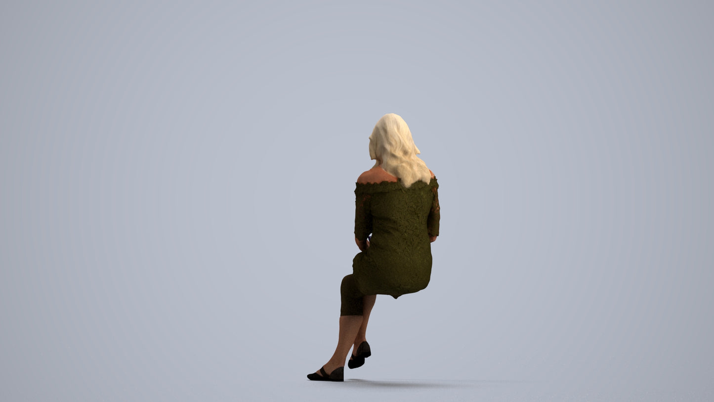 realistic 3D senior woman casual sitting, scanned archviz people for Blender and 3ds Max, front view render
