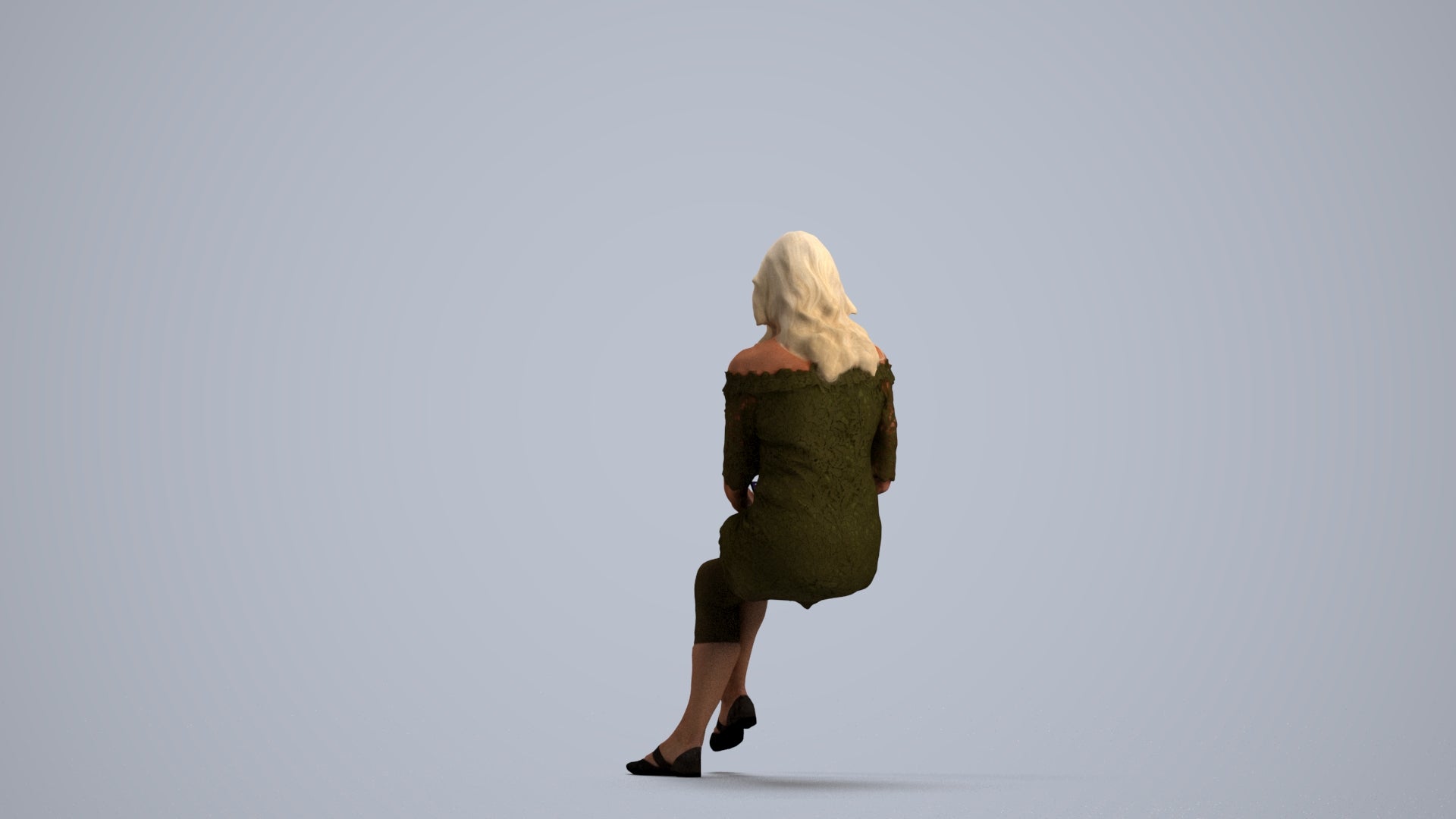 realistic 3D senior woman casual sitting, scanned archviz people for Blender and 3ds Max, front view render