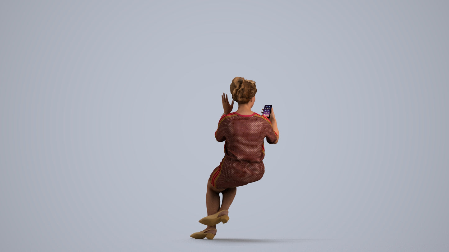 3D scanned woman sitting casual, photorealistic archviz people for Enscape and SketchUp, front view render