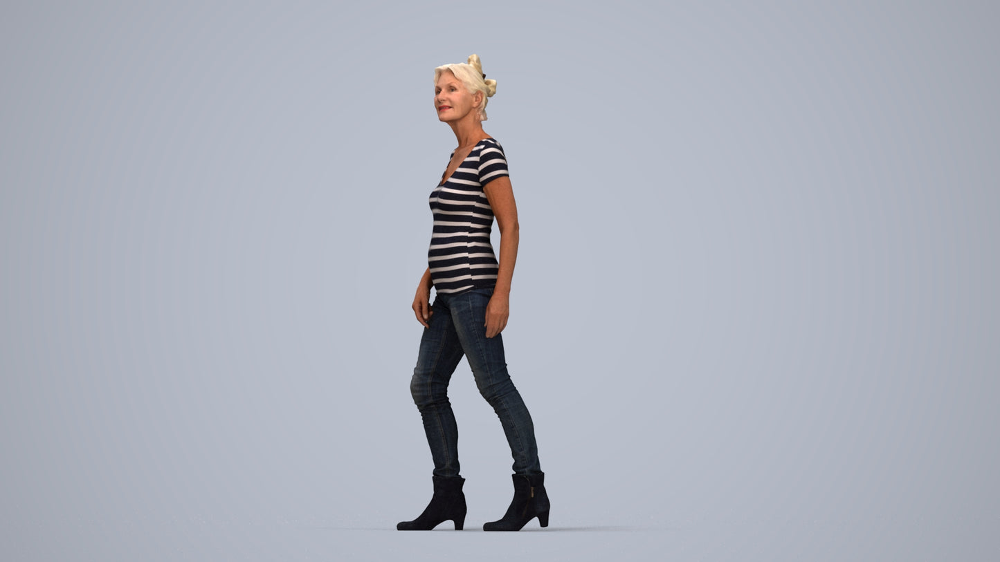 realistic 3D human senior woman casual walking, archviz people FBX OBJ for Blender, top-down view render