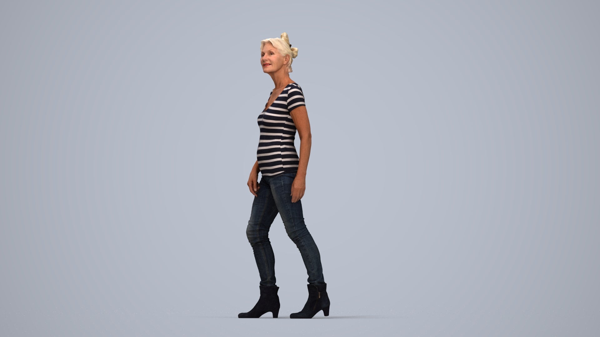 realistic 3D human senior woman casual walking, archviz people FBX OBJ for Blender, top-down view render