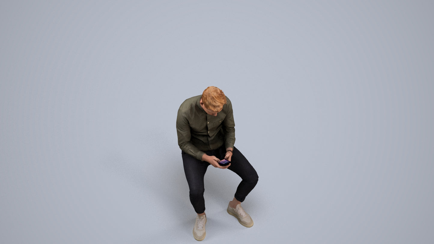 photogrammetry 3D man casual sitting, realistic human model archviz FBX, back view render