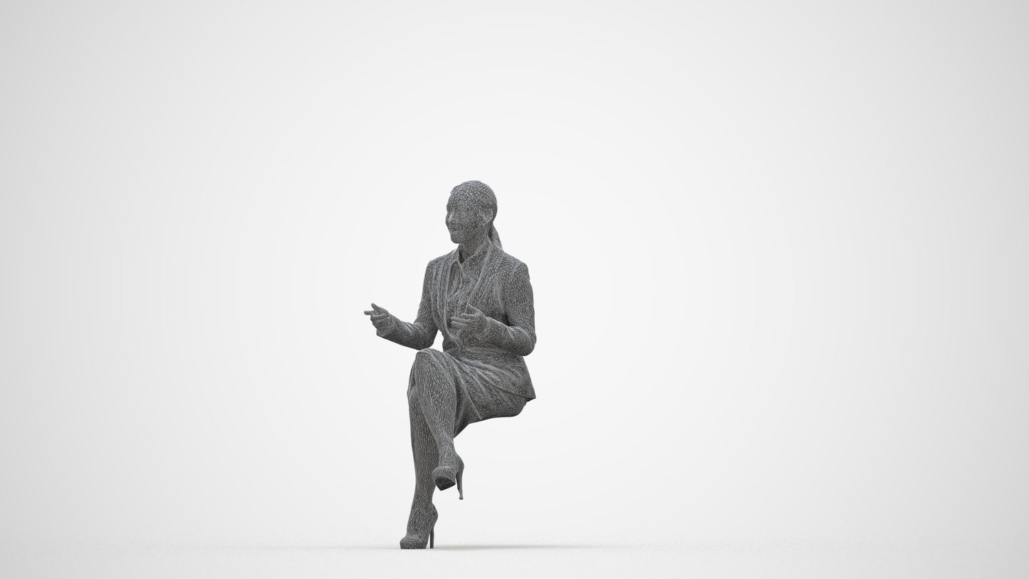 realistic 3D woman business sitting, scanned archviz people for Blender and 3ds Max, wireframe back view