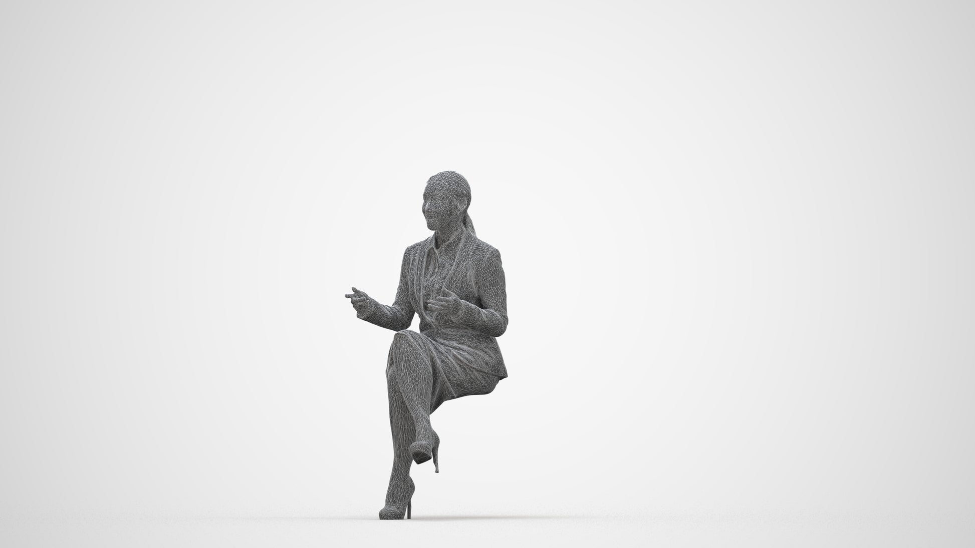 realistic 3D woman business sitting, scanned archviz people for Blender and 3ds Max, wireframe back view