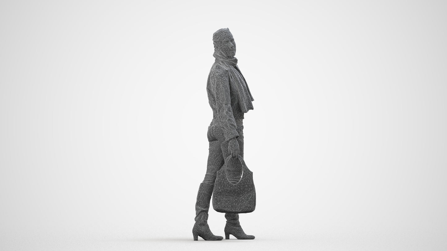 3D human model woman casual walking, photogrammetry scanned person for archviz, wireframe side view
