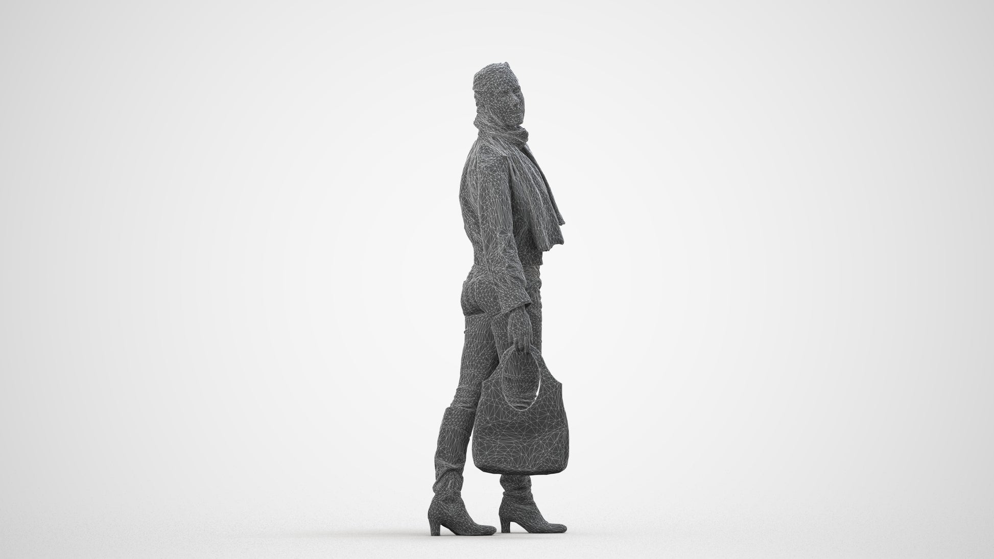 3D human model woman casual walking, photogrammetry scanned person for archviz, wireframe side view