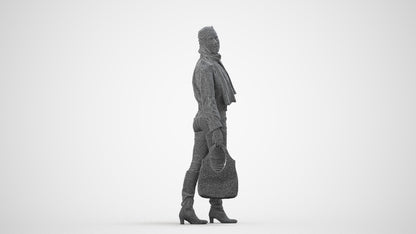 3D human model woman casual walking, photogrammetry scanned person for archviz, wireframe side view