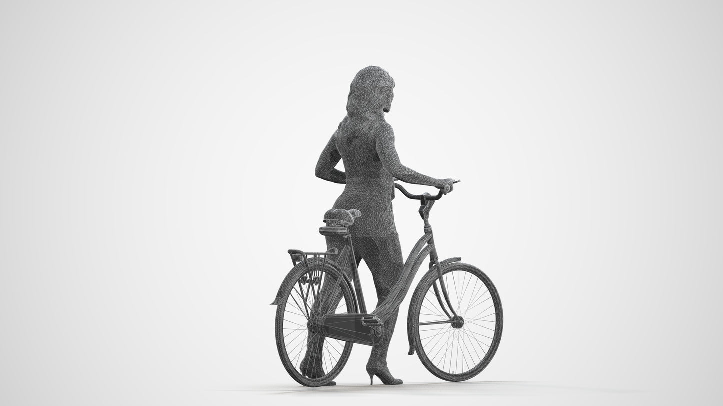 realistic 3D human woman casual cycling, archviz people FBX OBJ for Blender, wireframe front view