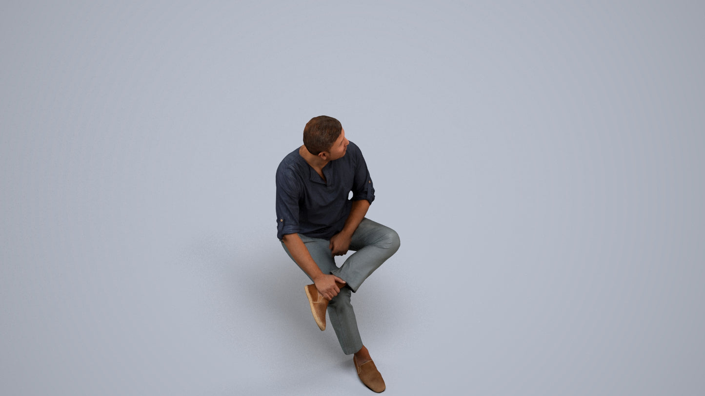 photogrammetry 3D man casual sitting, realistic human model archviz FBX, back view render