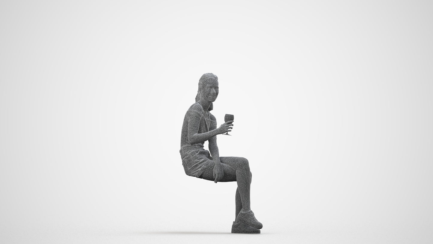 photogrammetry 3D woman casual sitting, realistic human model archviz FBX, wireframe side view