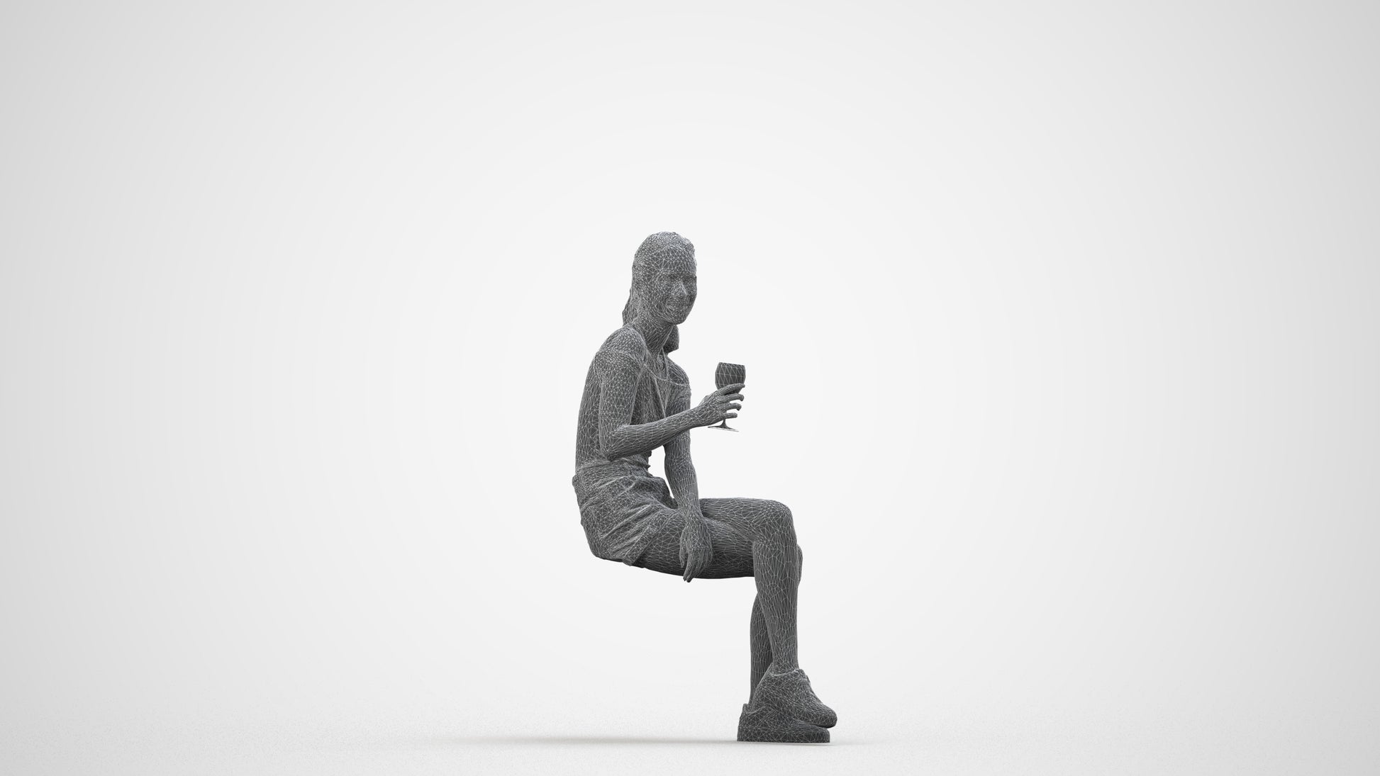 photogrammetry 3D woman casual sitting, realistic human model archviz FBX, wireframe side view