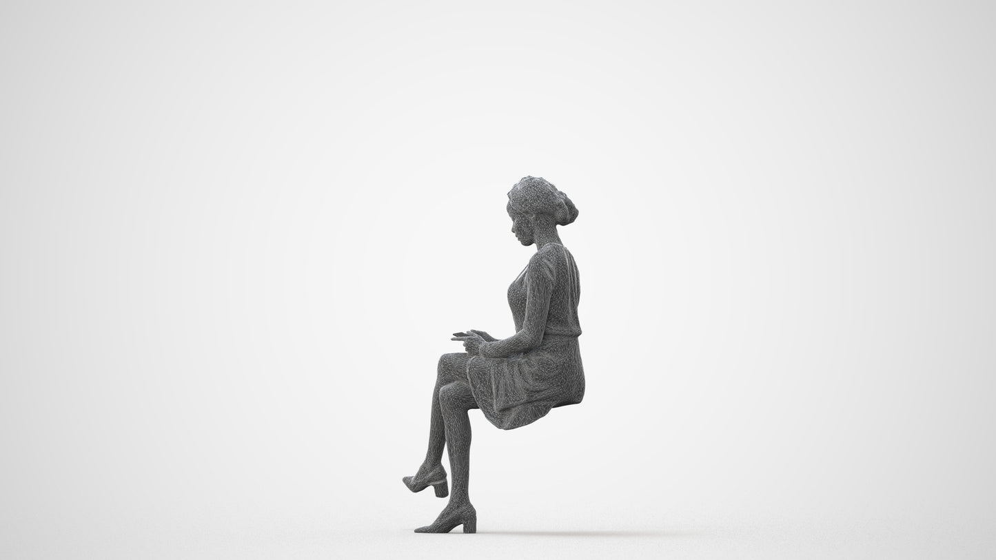 realistic 3D woman casual sitting, scanned archviz people for Blender and 3ds Max, square thumbnail