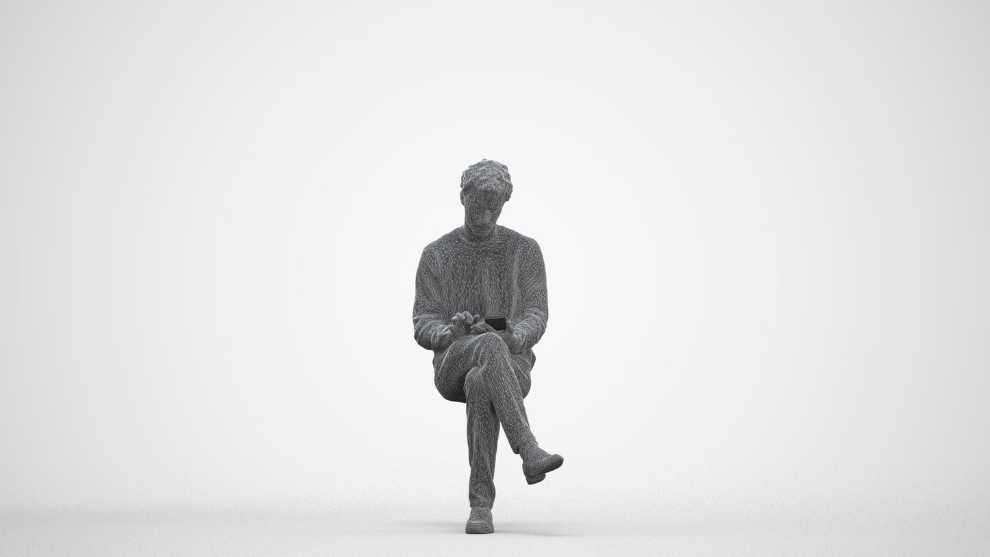 realistic 3D people man casual sitting, render-ready for V-Ray and Corona, FBX OBJ, three-quarter front view render