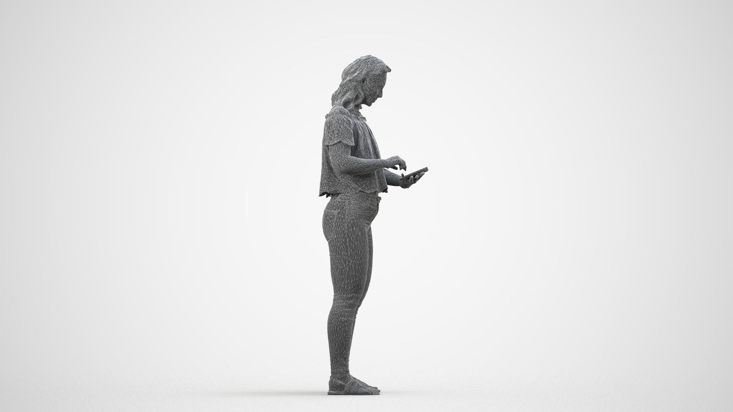 3D human model woman casual standing, photogrammetry scanned person for archviz, wireframe side view