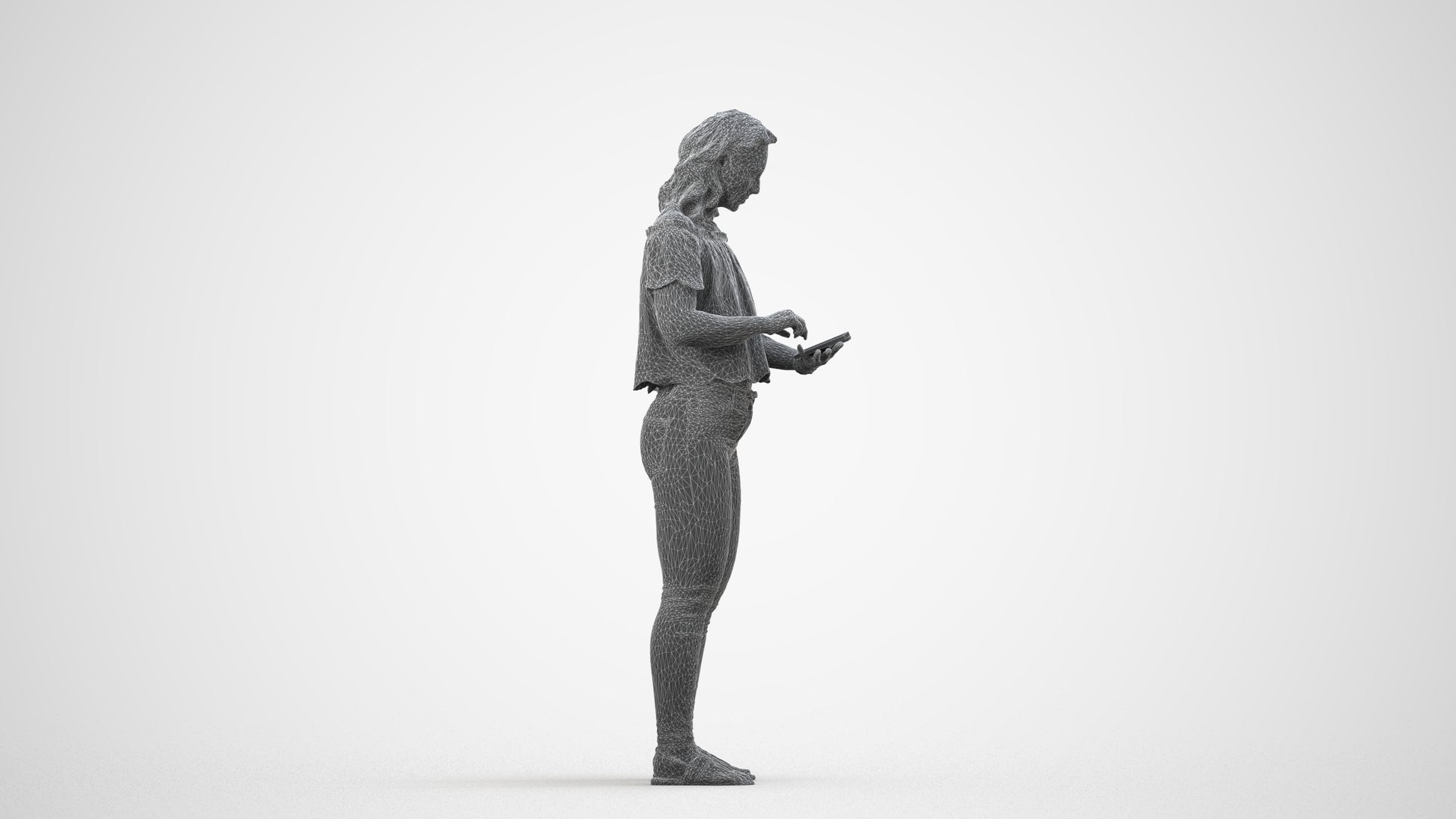 3D human model woman casual standing, photogrammetry scanned person for archviz, wireframe side view