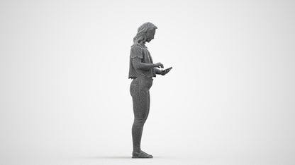 3D human model woman casual standing, photogrammetry scanned person for archviz, wireframe side view