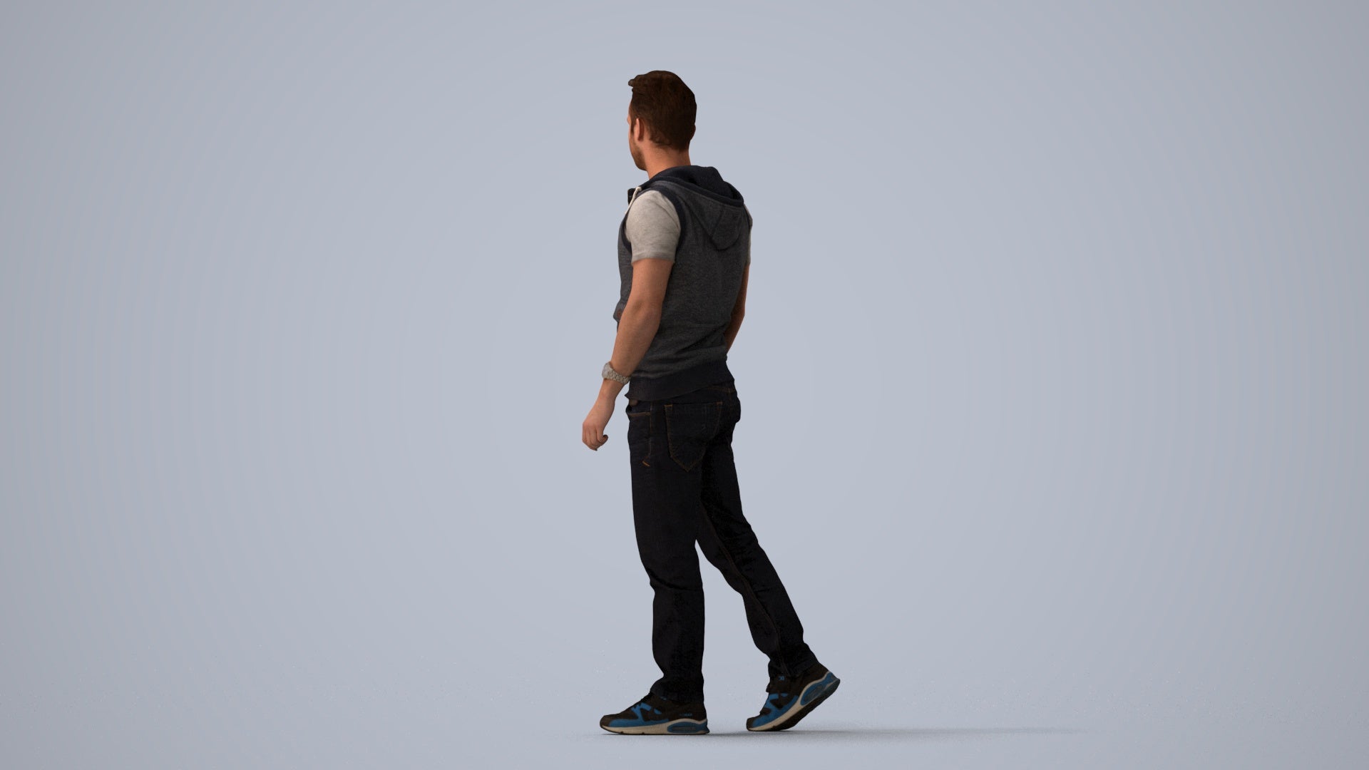 3D human model man casual walking, photogrammetry scanned person for archviz, three-quarter view render