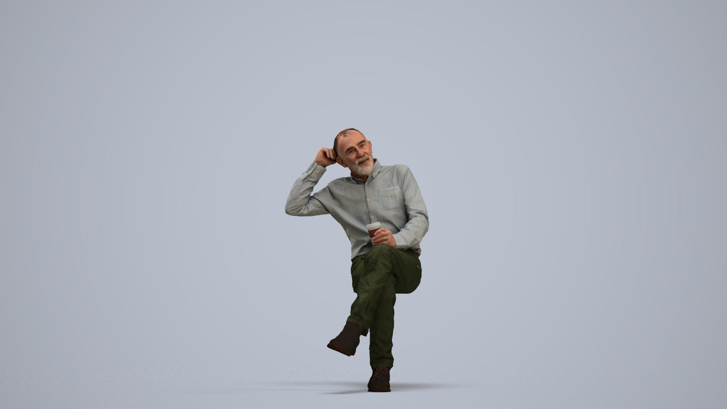 realistic 3D people senior man casual sitting, render-ready for V-Ray and Corona, FBX OBJ, standing pose render