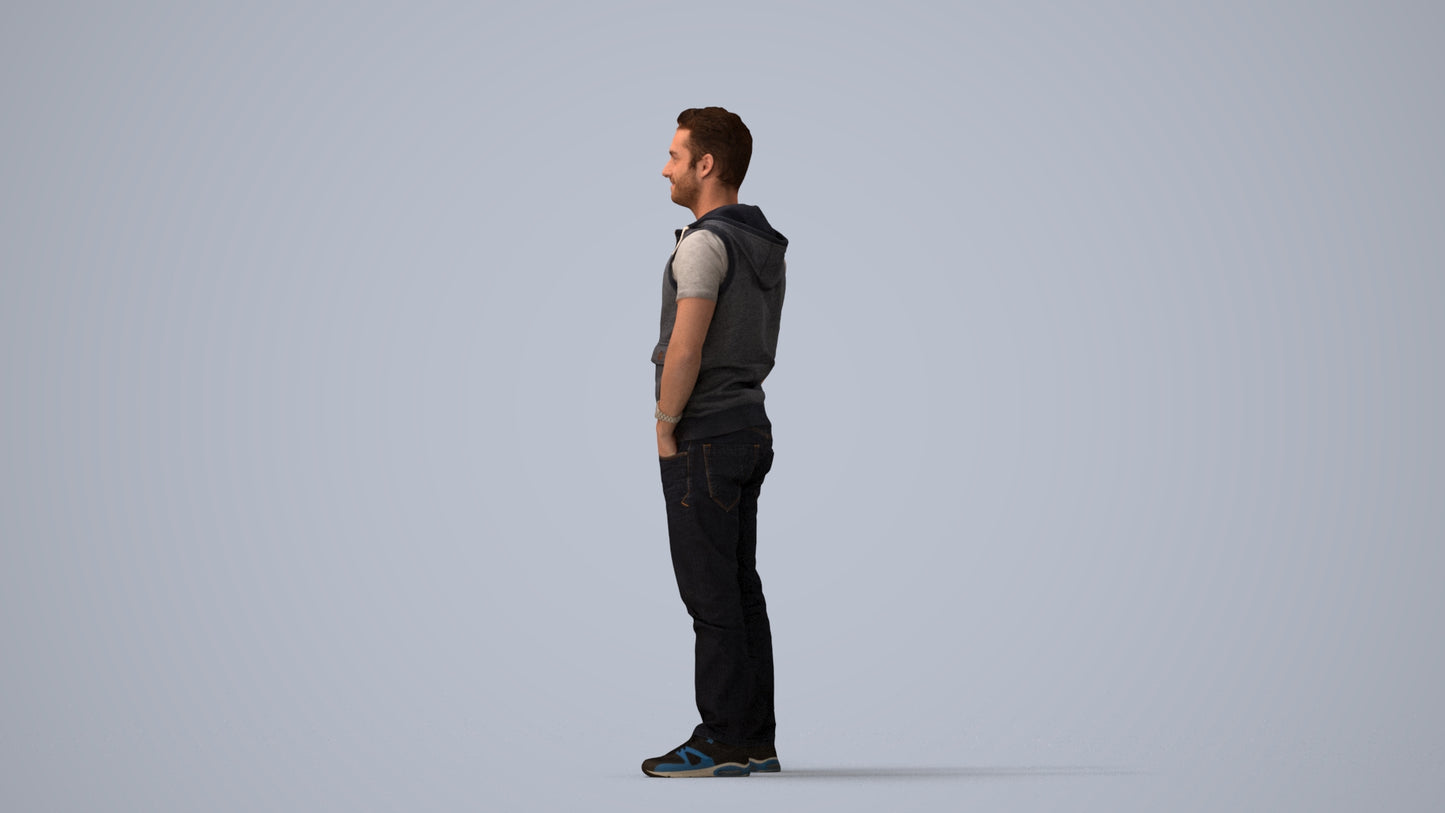 realistic 3D human man casual standing, archviz people FBX OBJ for Blender, three-quarter view render