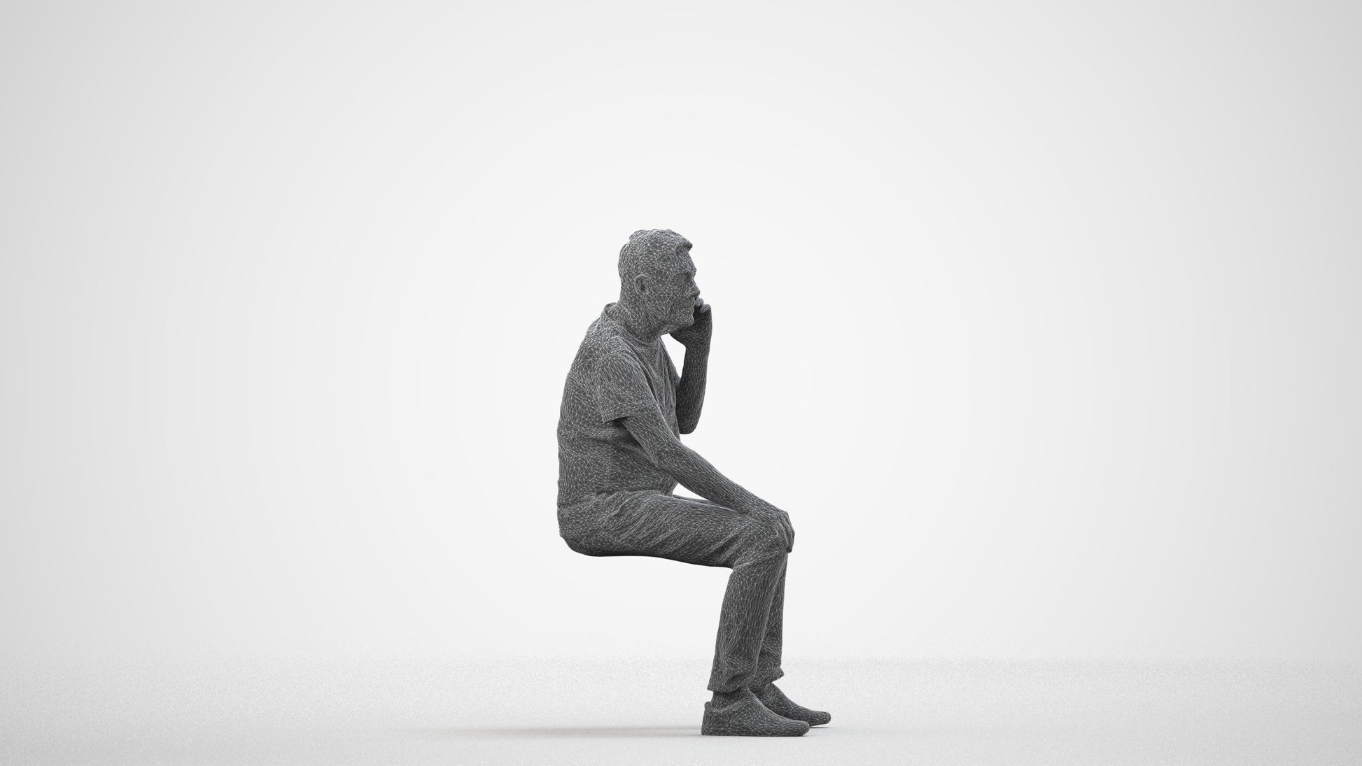 realistic 3D human senior man casual sitting, archviz people FBX OBJ for Blender, wireframe side view