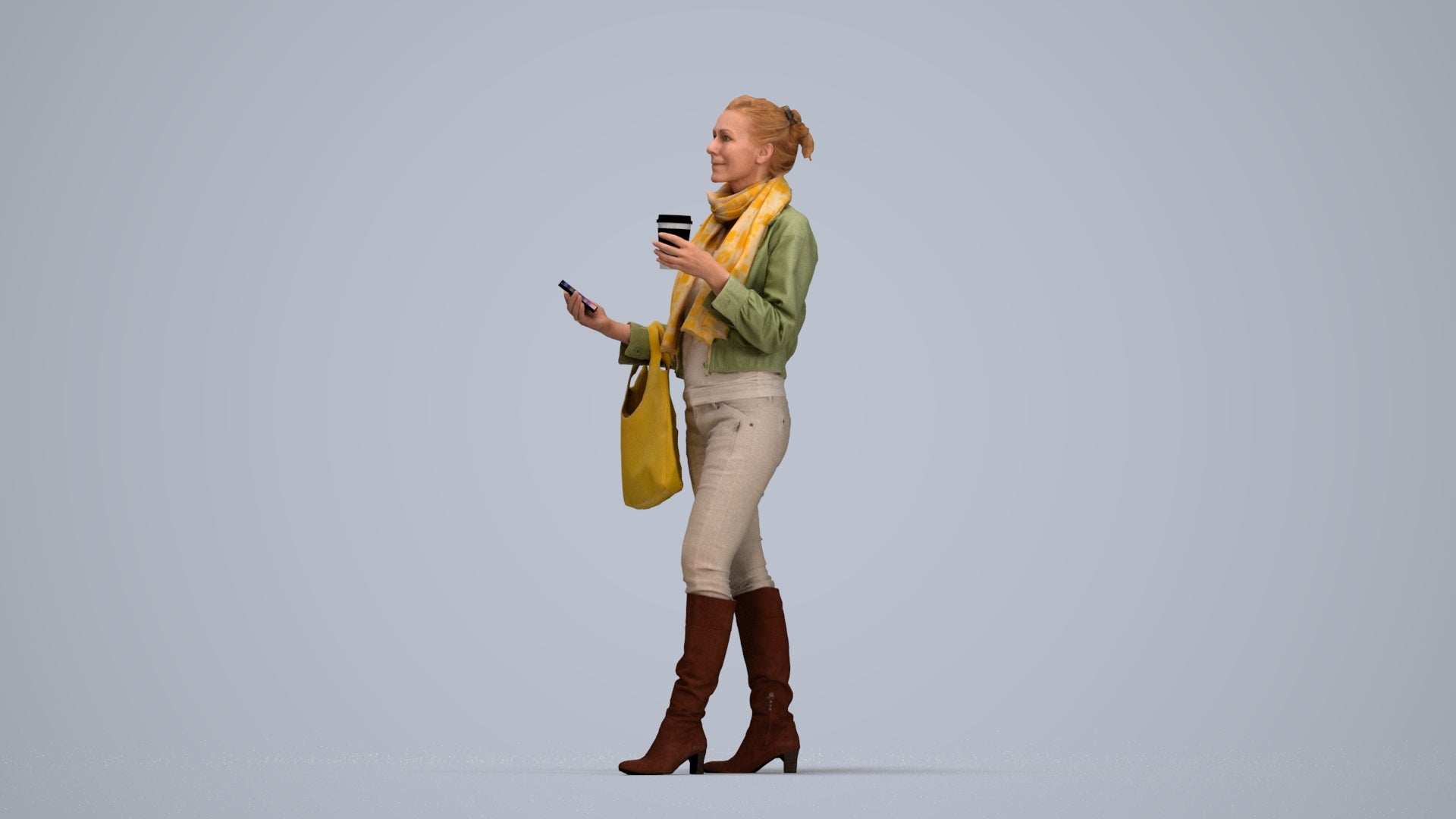 realistic 3D people woman casual standing, render-ready for V-Ray and Corona, FBX OBJ, top-down view render