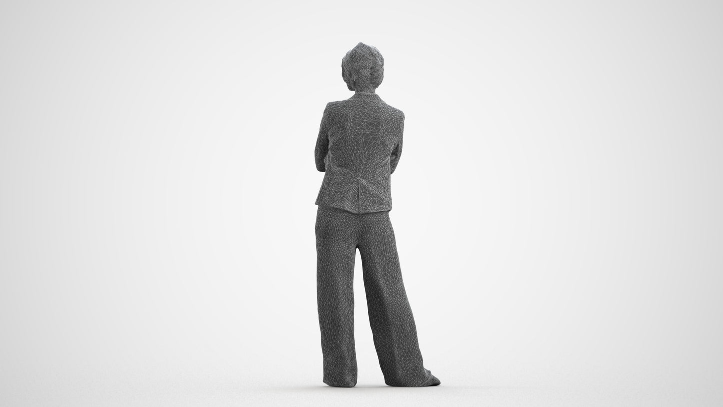 3D human model woman business, photogrammetry scanned person for archviz, wireframe front view