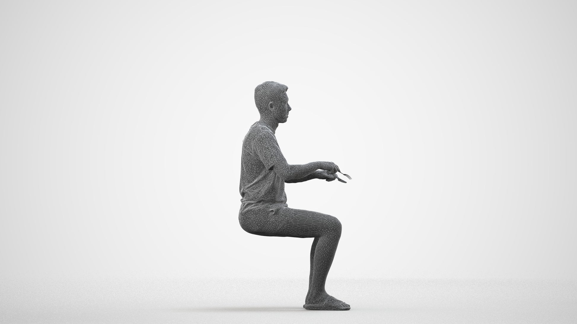 3D human model man casual sitting, photogrammetry scanned person for archviz, wireframe side view