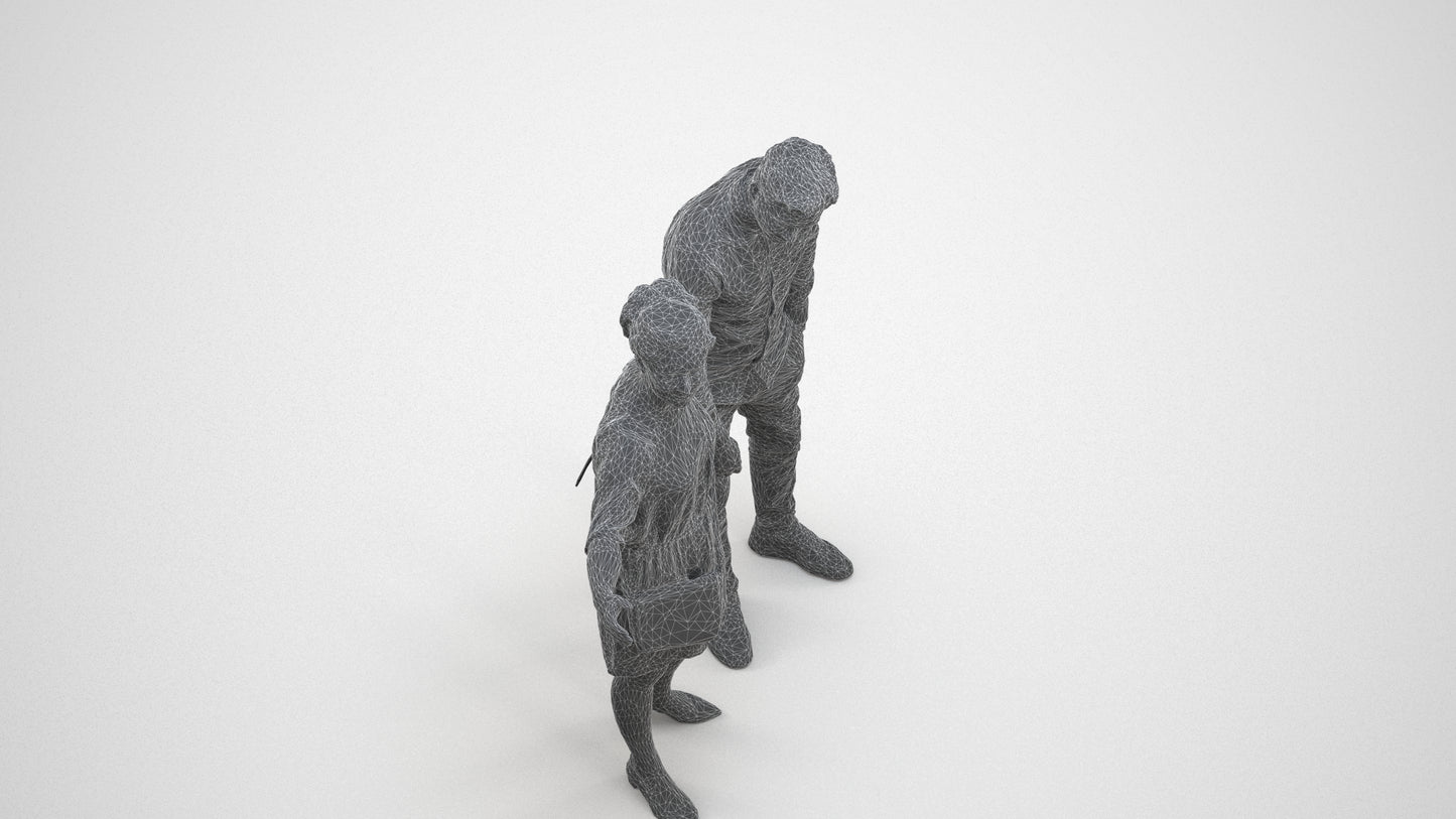 realistic 3D human woman casual couple, archviz people FBX OBJ for Blender, wireframe three-quarter view
