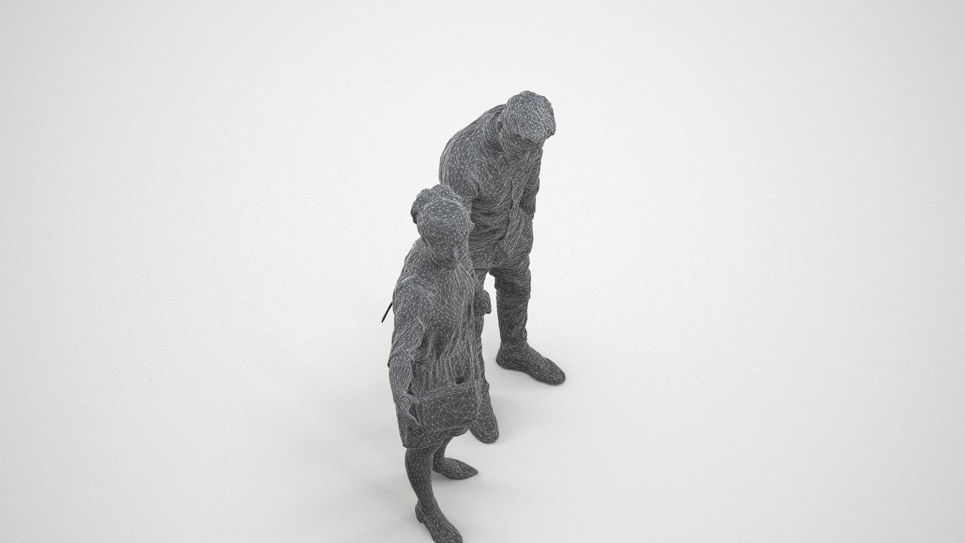 realistic 3D human woman casual couple, archviz people FBX OBJ for Blender, wireframe three-quarter view