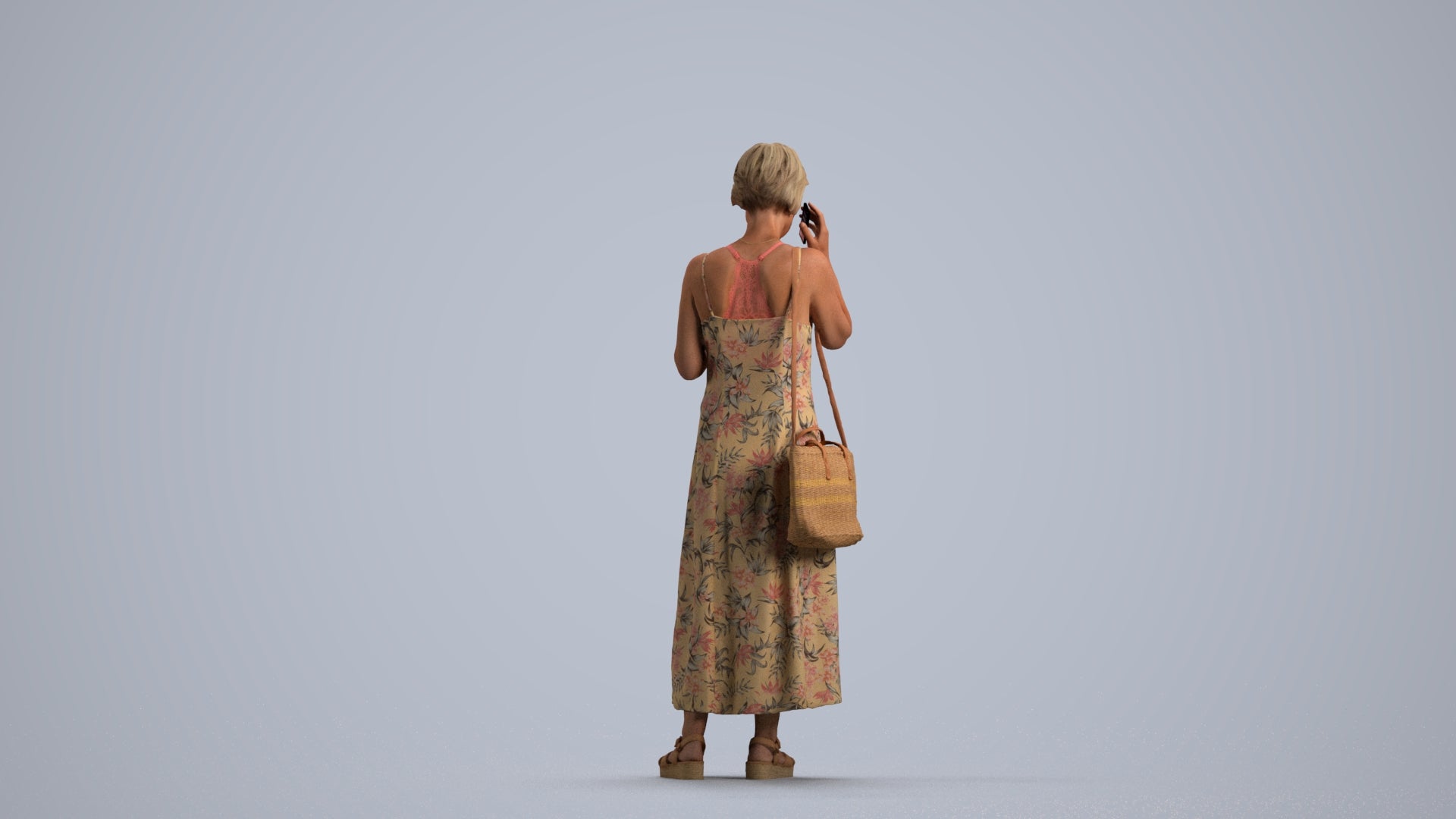 realistic 3D human senior woman standing, archviz people FBX OBJ for Blender, front view render